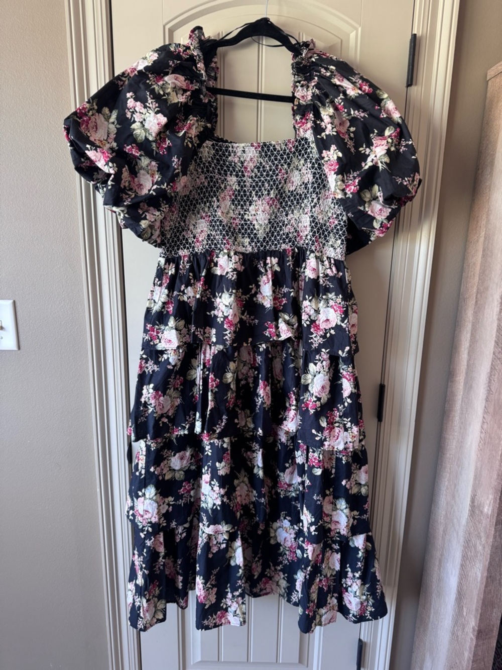 One Loved Babe Black Floral Smocked Midi Dress 1X